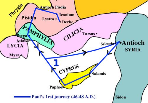Map of Paul's First Missionary Journey - no lines so others can fill in.