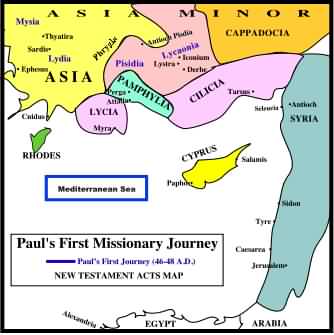 Map of Paul's First Missionary Journey - no lines so others can fill in.